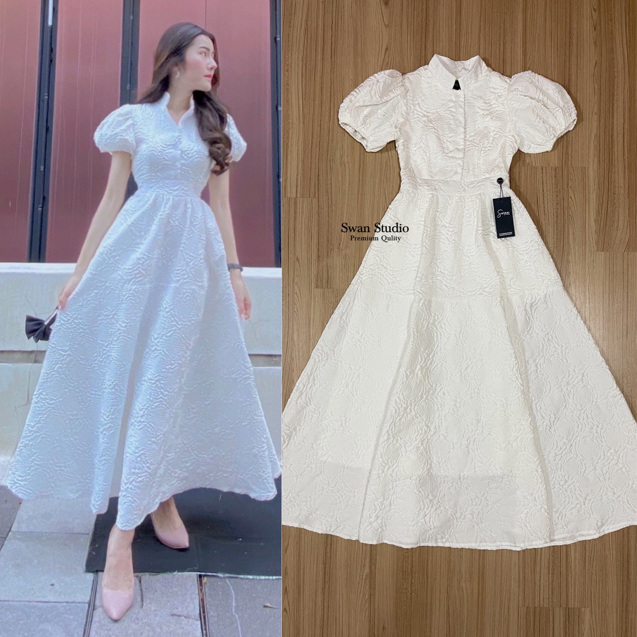 ชุดขาว แม็กซี่เดรสสีขาว ผ้ามีเท็กเจอร์นูนๆมีมิติ (มีขาว,ดำ S M L)