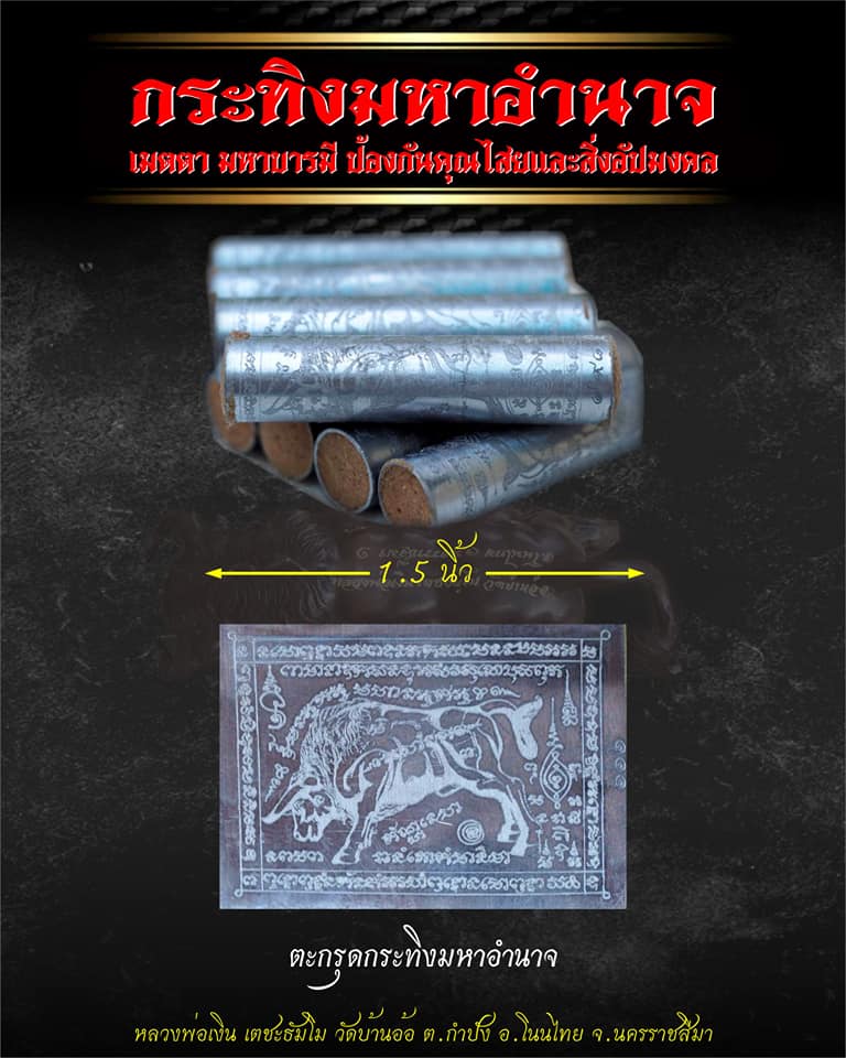 ตะกรุดกระทิงมหาอำนาจ (ขนาด 1.5 นิ้ว) อุดผงพุทธคุณ วัดบ้านอ้อ จ.นครราชสีมา