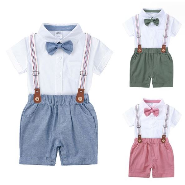 [ส่งจาก กทม] สูทเด็ก ชุดออกงานเด็ก รอมเปอร์ Romper เชิ้ตสีขาว กางเกงขาสั้นสีฟ้า เขียว ชมพู พร้อมโบว์และสายเอี๊ยม