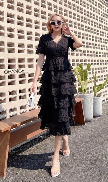 ชุดดำ Maxi เดรสยาวลูกไม้ชั้น S M L Xl