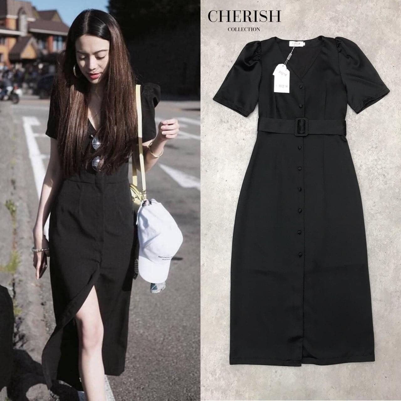 เดรสสีดำ คอวีแขนพองสวยเก๋ s-xl