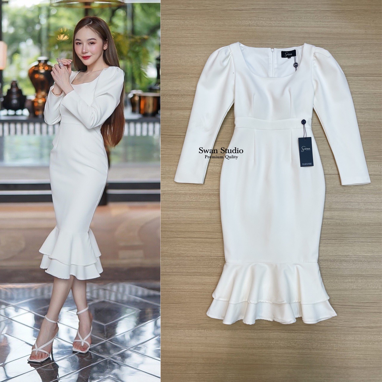 ชุดขาวเดรสแขนยาวชายกระโปรงทรงหางปลา S-2xl