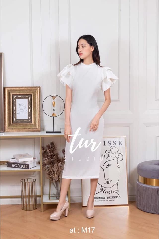 ชุดสีขาว เดรสคอตั้งแขนระบาย ผ้ายืดเนื้อหนานุ่ม S-3xl
