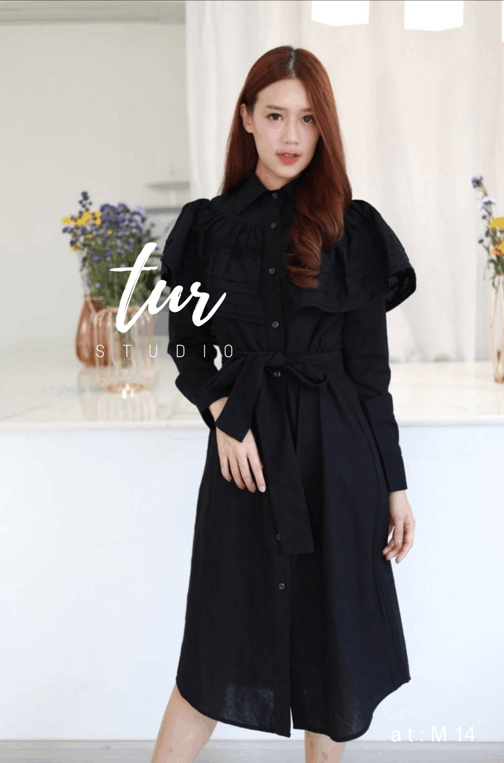 เดรสสีดำ เดรสสไตล์คอปกแขนยาวกระดุมหน้า s-2xl