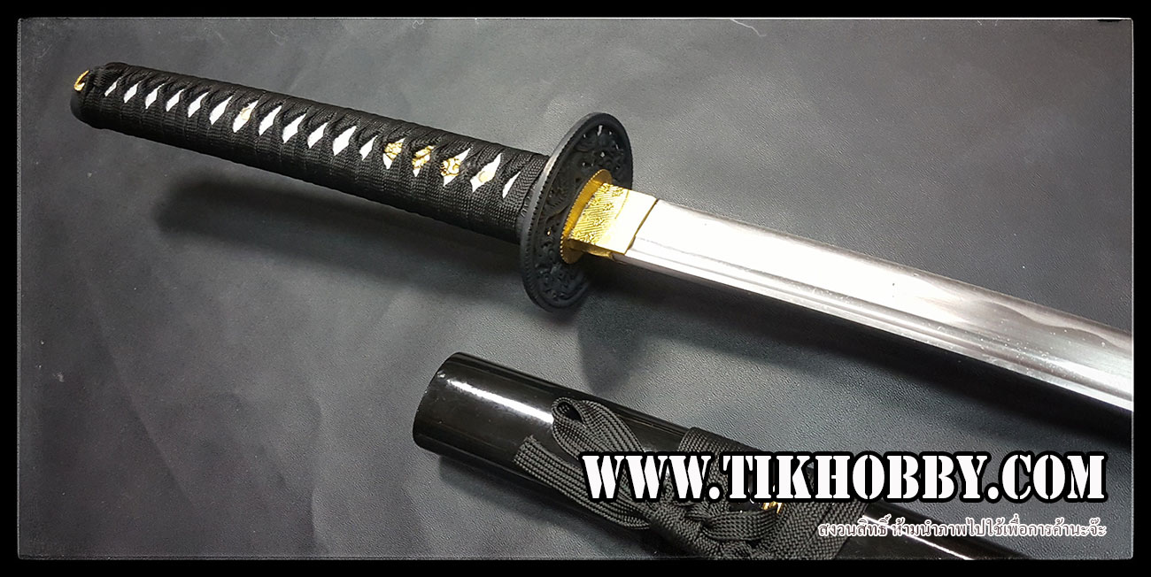 ดาบซามูไรแบบรองTop KATANA เปิดคม ปลอกลายมังกรขอบทอง รหัสความงาม 555-BK ดำ