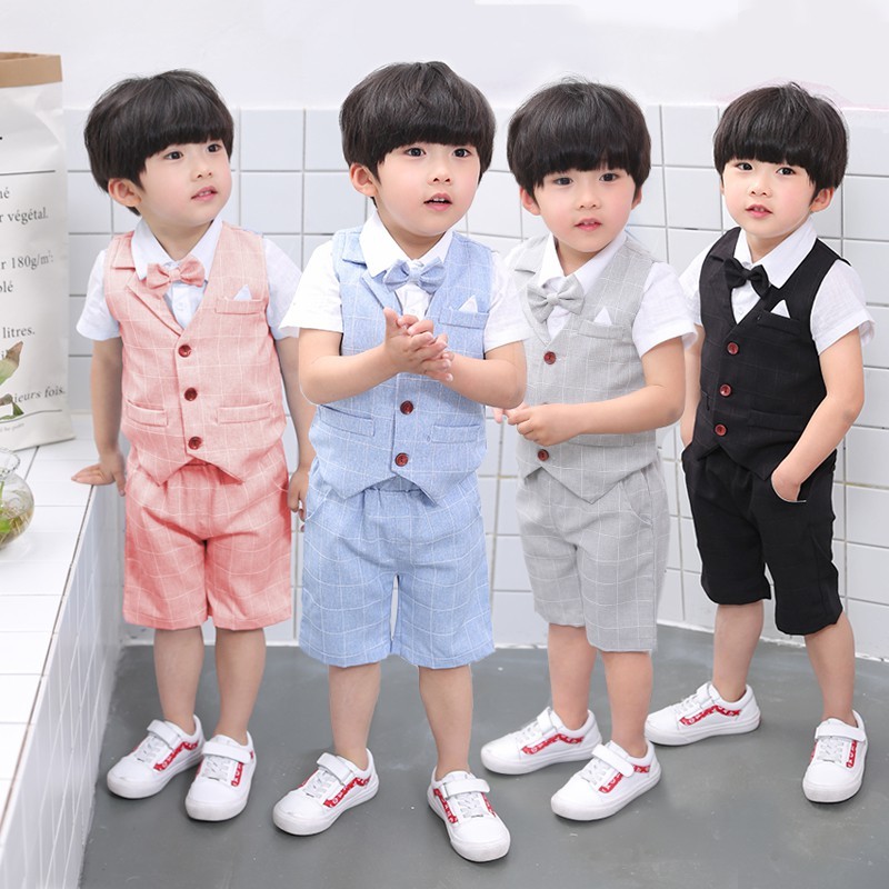 [ส่งจาก กทม] ชุดสูทออกงานเด็กผู้ชาย แขนสั้น ขาสั้น สี ชมพู ฟ้า ดำ เทา ได้ 4 ชิ้น อายุ 6 เดือน ถึง 8 ปี