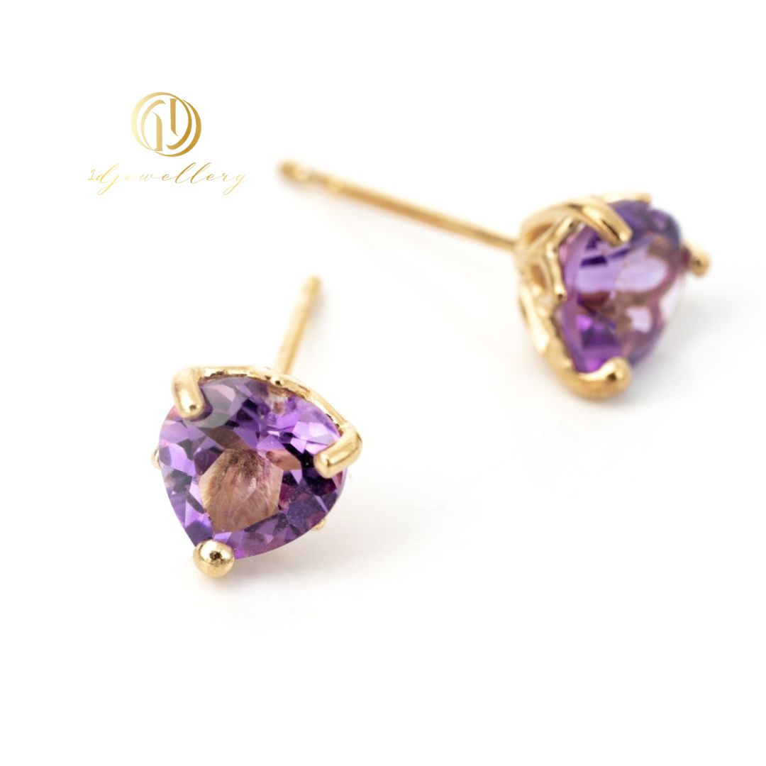 1D Jewellery ต่างหูเงินแท้ 925 ชุบโรเดียม ฝังเพชรสวิส(CZ) 💜 ต่างหูคลาสสิก Amethyst (อเมทิสต์) ทรงหัวใจ เสริมโชคลาภ ความสุข และความสงบสุขในจิตใจ