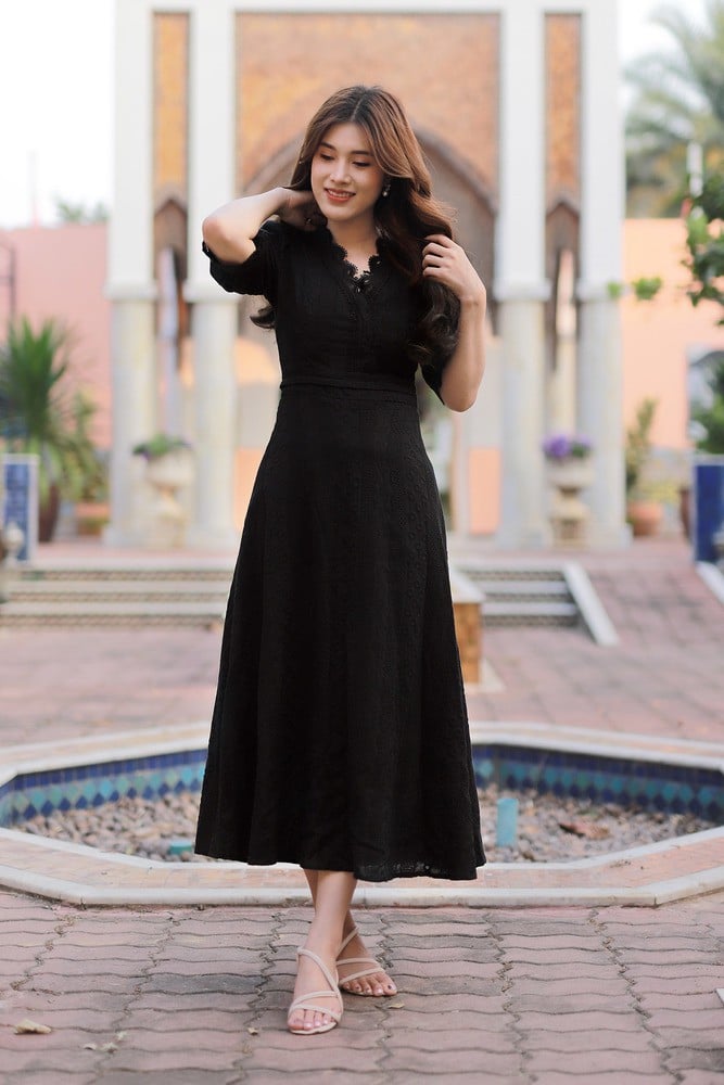ชุดดำ maxi dressผ้าคอตต้อนฉลุ M-4xL