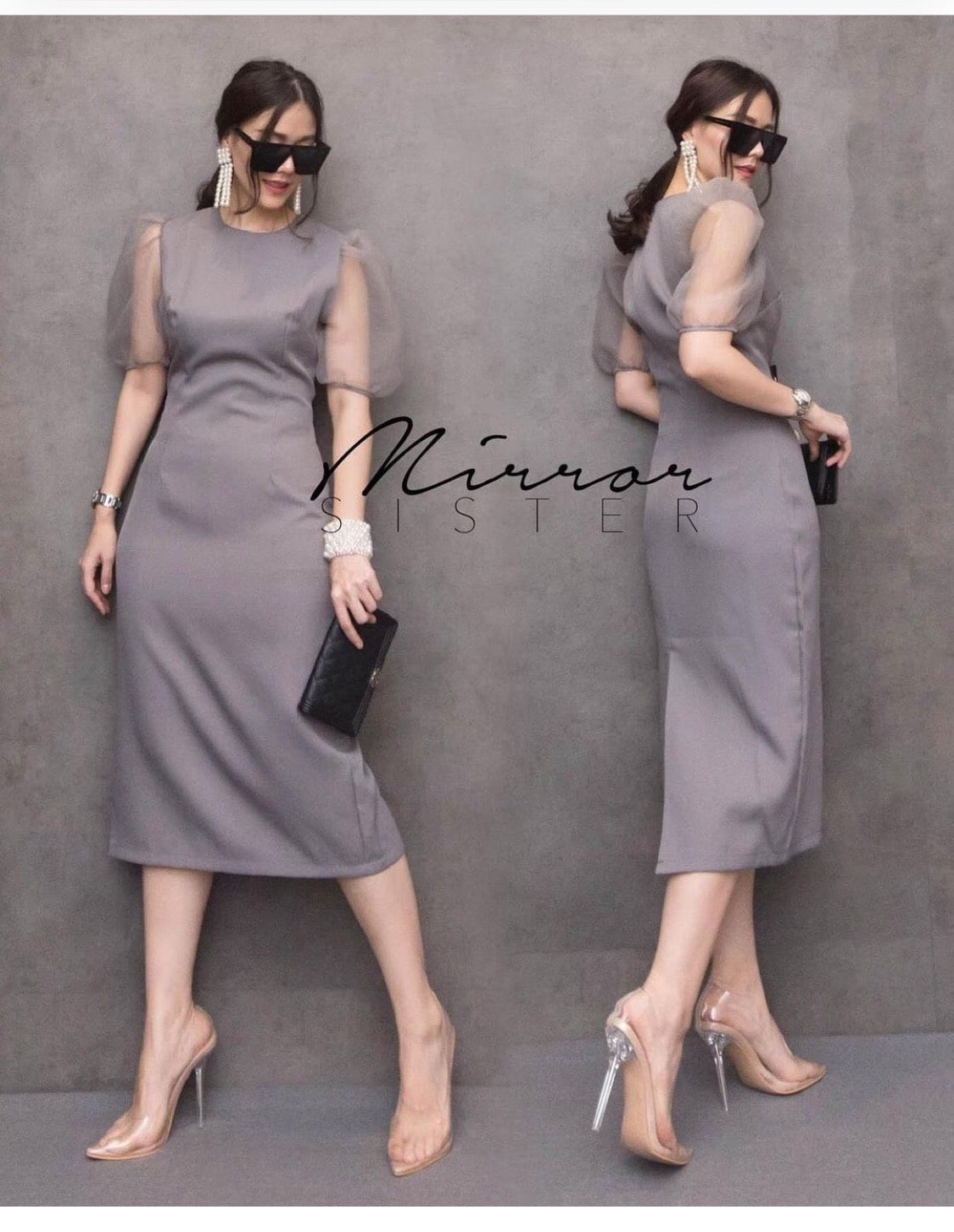 ชุดสีเทา เดรสทรงBasicสีเทา สไตล์คุณหนู s-3xL (มีดำ แดง เทา ชมพู ขาว)