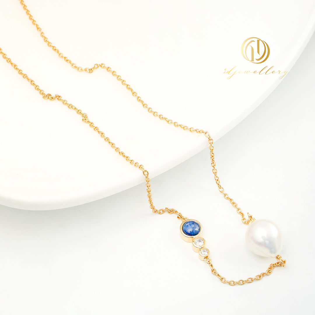 1D Jewellery สร้อยคอเงินแท้ 925 ชุบโรเดียม ฝังเพชรสวิส(CZ) พลอยลาพิส ลาซูลี (Lapis lazuli) ทรงกลม เสริมสติปัญญา ความคิดสร้างสรรค์ การสื่อสาร