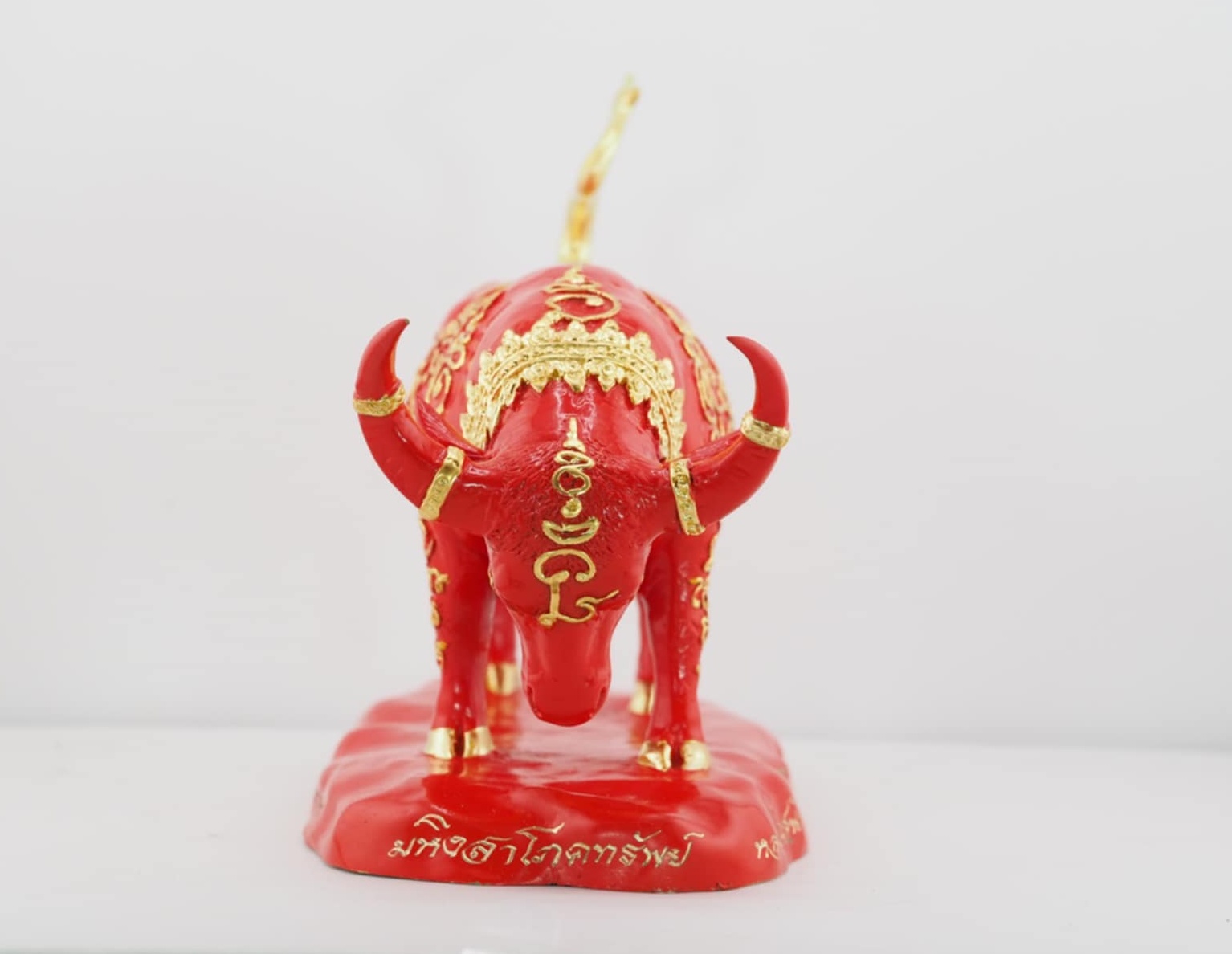 นนทิมหาศุภโชค ขนาดบูชา เนื้อโลหะสีชาด(แดง) ปิดทองลายยันต์ งานหล่อแบบโบราณยันต์นูน(ยันต์เส้นขนมจีน)