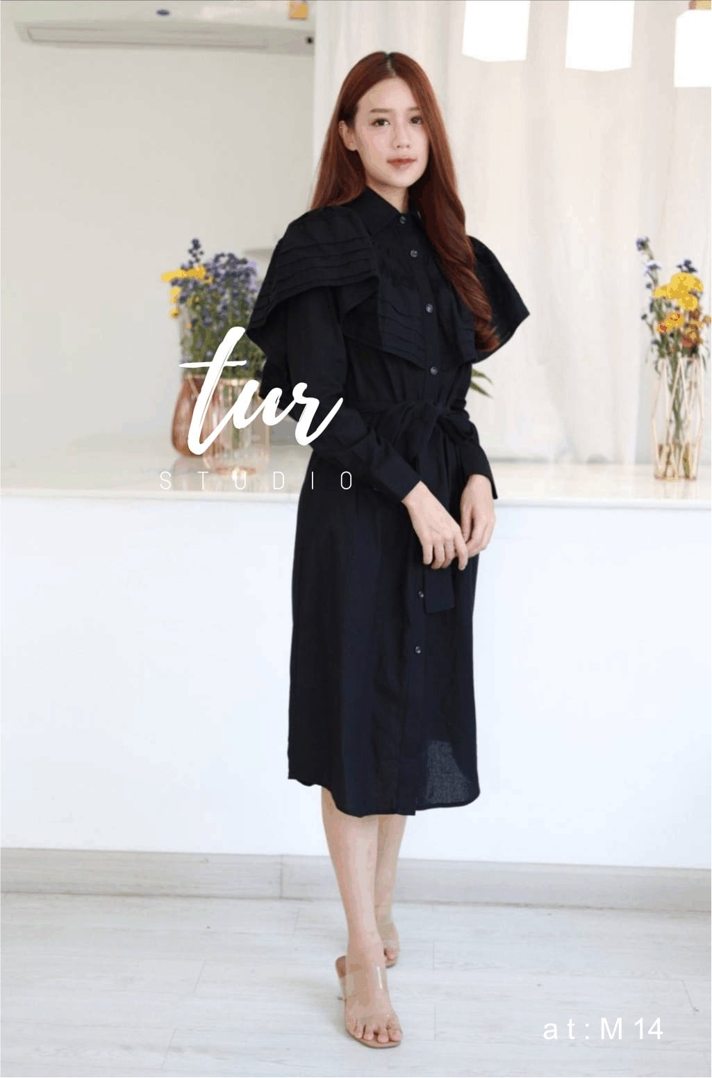 เดรสสีดำ เดรสสไตล์คอปกแขนยาวกระดุมหน้า s-2xl