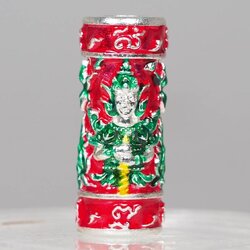 ตะกรุดท้าวเวสสุวรรณทวิพัตร์(หน้าเทวดา และ หน้ายักษ์) รุ่นเศรษฐีบูชาครู เนื้อโลหะชุบกะไหล่เงินลงยาสีแดง