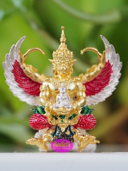 พญาครุฑ รุ่นเศรษฐีเงินไหลมา เนื้อตริยโลหะชุบ 2กษัตริย์ลงยาราชาวดี(พิมพ์ใหญ่ 4 ซม.)