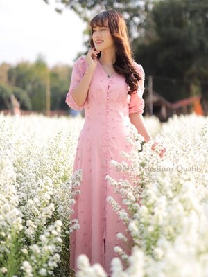 เดรสสีชมพู ดีไซน์คอเหลี่ยม แขนแต่งทรงตุ๊กตา (m-2xl)