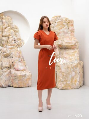 ชุดทำงานสีส้ม ชุดเดรสสีส้มคอวี ผ้าสูทผสมเนื้อดี S-3xl (ดำ แดง ส้ม เขียว)