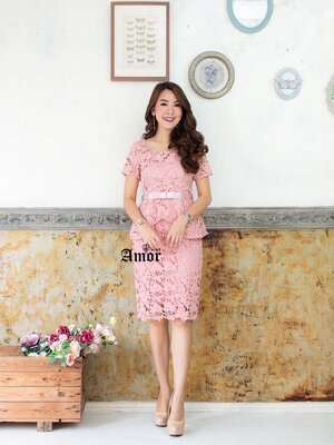 ชุดเดรสlสีชมพู ชุดลูกไม้เกรด Premium m-4xl