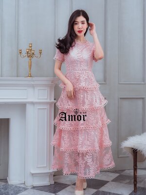 ชุดเดรสสีชมพูผ้าปักทอเนื้อแน่น เกรดดีงาม (ขาว ชมพู m l xl)