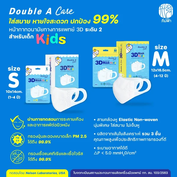 Double A Care Mask Kids หน้ากากอนามัยทางการแพทย์ 3D สำหรับเด็ก Size S/M image 2 Double A Care Mask Kids หน้ากากอนามัยทางการแพทย์ 3D สำหรับเด็ก Size S/M image 2