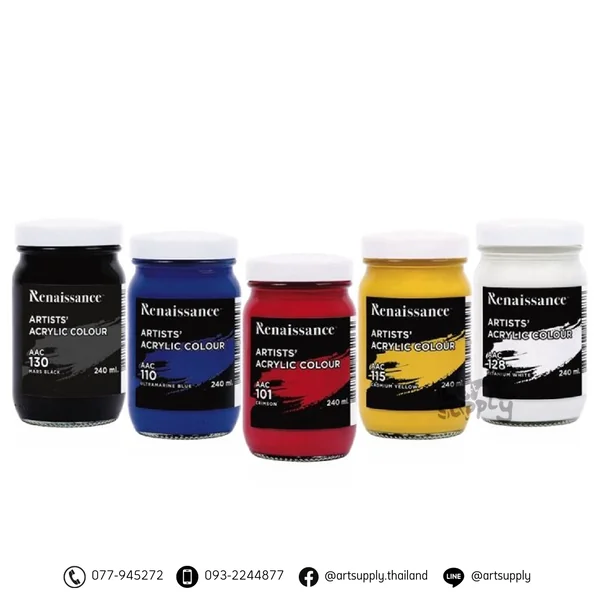 สีอะครีลิก Renaissance 240 ml. ขาว/แดง/เหลือง/น้ำเงิน/ดำ