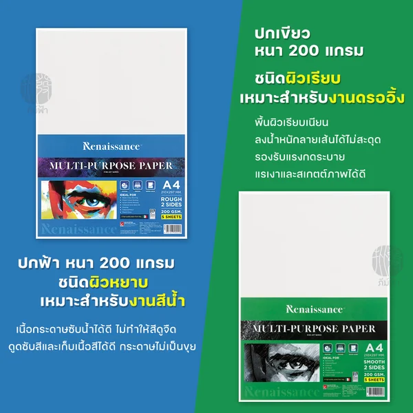 ( 1 แพ็ก) กระดาษวาดเขียน Renaissance รุ่นปกฟ้า ขนาด A4 ผิวหยาบ/ผิวเรียบ 2 หน้าหนา 200gsm image 2